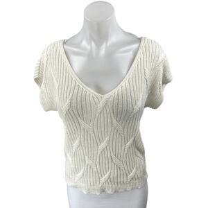 Zara Women's White Short Sleeve Cable Knit V-Neck Sweater Blouse Top Size XS